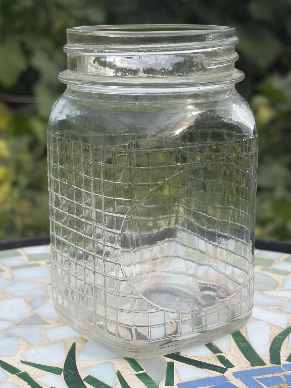 Vintage Pint Waffle Square Clear Glass Canning Jar Hazel Atlas 5” Tall Chip Rim